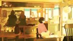  4girls black_cat black_hair brown_hair cafe cat chair closed_eyes door flower indoors long_hair multiple_girls original pink_sweater profile restaurant short_hair smile solo_focus sweater tabisumika table vase window 