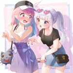  2girls absurdres anchor_symbol bag bangs baseball_cap blue_eyes blue_hair blunt_bangs blush bracelet braid collarbone colored_inner_hair crop_top eyebrows_visible_through_hair french_braid handbag hat heart heart-shaped_eyewear heterochromia high-waist_skirt highres hololive jewelry kagura_gumi kagura_mea long_hair minato_aqua miniskirt multicolored_hair multiple_girls nail_polish navel neko_(minato_aqua) open_mouth orange_eyes phone purple_eyes purple_hair ribbon shasminnyan shirt sidelocks signature silver_hair skirt sleeveless sleeveless_shirt streaked_hair surprised two-tone_hair virtual_youtuber 