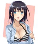  1girl bikini black_hair blue_eyes breasts cleavage front-tie_bikini front-tie_top hero-san_to_moto_onna_kanbu-san highres honjou_hayate large_breasts open_clothes open_mouth open_shirt sleeves_past_wrists smile solo somechime_(sometime1209) striped striped_bikini sweatdrop swimsuit upper_body 