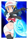  1girl beanie black_gloves blue_eyes blue_hair boots cosplay dawn_(pokemon) elbow_gloves gloves hainchu hair_ornament hairclip hat highres jessie_(pokemon) jessie_(pokemon)_(cosplay) looking_at_viewer midriff multicolored multicolored_background navel pokemon pokemon_(anime) pokemon_dppt_(anime) single_letter smile solo team_rocket_uniform thigh_boots thighhighs 