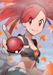  1girl autumn_leaves bare_arms black_shirt breasts closed_mouth collarbone commentary_request flannery_(pokemon) green_pants gym_leader hair_tie holding holding_poke_ball jeri20 long_hair midriff pants poke_ball poke_ball_(basic) pokemon pokemon_(game) pokemon_oras ponytail red_eyes red_hair sash shirt sleeveless sleeveless_shirt smile solo tied_hair tied_shirt watermark 