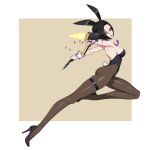  1girl :d absurdres animal_ears black_hair breasts detached_collar fake_animal_ears firing full_body gun hair_over_one_eye high_heels highleg highleg_leotard highres holding holding_gun holding_knife holding_weapon knife leotard mac-10/11 medium_breasts nail_polish necktie original pantyhose playboy_bunny purple_necktie rabbit_ears rabbit_tail red_eyes shell_casing short_hair smile solo submachine_gun tail tanke_laide thigh_strap two-tone_background weapon wrist_cuffs 