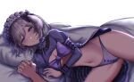  1boy 1girl absurdres breasts contender_(girls&#039;_frontline) dr_unk2020 girls&#039;_frontline grey_hair highres holding_hands interlocked_fingers lying medium_breasts navel official_alternate_costume on_side pov purple_eyes ribbon smile solo_focus 