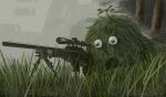  1other bush camouflage clover ghillie_suit googly_eyes grass ground gun hirake!_ponkikki lying mukku no_arms no_humans on_stomach open_mouth rifle scope skiba sniper_rifle spinning_top tree weapon what 