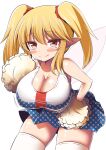  1girl alternate_costume alternate_hairstyle breasts cheerleader cleavage clownpiece fairy fairy_wings highres holding holding_pom_poms huge_breasts oppai_loli pointy_ears pom_pom_(cheerleading) red_eyes solo thighhighs touhou wings xialu_zajin 