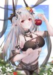  1girl apple arknights bare_arms bare_shoulders bikini black_bikini black_choker breasts choker cleavage commentary_request cowboy_shot flower food fruit hair_flower hair_ornament highres holding holding_food holding_fruit horns infection_monitor_(arknights) jewelry large_breasts long_hair looking_at_viewer mudrock_(arknights) mudrock_(silent_night)_(arknights) navel necklace oripathy_lesion_(arknights) parted_lips pointy_ears red_eyes red_flower silver_hair sking solo standing stomach swimsuit yellow_flower 