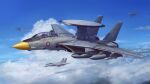  2017 aircraft airplane awacs battle canopy cloud cloudy_sky condensation_trail dated english_commentary f-14_tomcat firing fleet flying highres jeffholy macross macross_zero mecha missile no_humans original radar_dish real_life realistic redesign roundel science_fiction signature sky u.n._spacy variable_fighter vf-0 when_you_see_it 