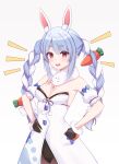  1girl absurdres animal_ears bare_shoulders braid breasts bunny-shaped_pupils carrot carrot_hair_ornament cleavage commentary_request don-chan_(usada_pekora) food-themed_hair_ornament hair_ornament highres hololive looking_at_viewer multicolored_hair okey rabbit_ears red_eyes solo twin_braids two-tone_hair usada_pekora virtual_youtuber white_hair 