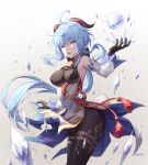  1girl absurdres ahoge bell black_legwear blue_hair bodysuit breasts chinese_clothes cowboy_shot cryokinesis eyebrows_visible_through_hair floating_hair ganyu_(genshin_impact) genshin_impact goat_horns highres horns ice ice_shard light_blue_hair long_hair medium_breasts mool_yueguang neck_bell open_mouth pantyhose pelvic_curtain purple_eyes solo tassel very_long_hair 