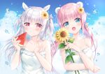  2girls :&lt; :d animal_ears bangs bare_arms bare_shoulders bear_ears blue_eyes blue_sky blush bow breasts cleavage closed_mouth cloud cloudy_sky commentary_request day dress eyebrows_visible_through_hair fang flower food frilled_dress frills hair_between_eyes hair_bow hair_flower hair_ornament holding holding_flower holding_food kohinata_hoshimi long_hair low_twintails medium_breasts multiple_girls open_mouth original outdoors pink_hair plaid plaid_bow rabbit_ears red_eyes silver_hair sky sleeveless sleeveless_dress small_breasts smile strap_slip sundress sunflower twintails upper_body very_long_hair water_drop watermelon_slice white_dress yellow_flower 