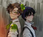  2boys animification back-to-back beanie bishounen black_hair blue_hat brown_hair clint_oriel commentary dream_smp english_commentary from_side glasses green_eyes green_necktie grey_background grey_eyes hat heterochromia highres looking_at_another male_focus matching_outfits minecraft_youtube multiple_boys necktie official_alternate_costume quackity red_eyes red_necktie scar scar_across_eye shirt short_hair short_sleeves slime_(substance) slime_on_head slimecicle stick suspenders upper_body white_shirt 