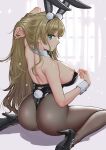  1girl animal_ears ass azur_lane black_footwear blonde_hair blue_eyes breasts commentary commentary_request cuff_links fake_animal_ears fake_tail full_body high_heels highres kneeling large_breasts leotard long_hair looking_at_viewer looking_back nipple_slip nipples north_carolina_(azur_lane) north_carolina_(the_heart&#039;s_desire)_(azur_lane) official_alternate_costume ooshima_aki pantyhose playboy_bunny rabbit_ears rabbit_tail shoes smile solo tail thong_leotard wrist_cuffs 