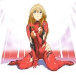  1girl arm_between_breasts bangs between_breasts blue_eyes blush bodysuit breasts brown_hair cameltoe cleavage commentary evangelion:_3.0+1.0_thrice_upon_a_time full_body gloves hand_up highres long_hair looking_at_viewer neon_genesis_evangelion nervous open_mouth parted_lips plugsuit rebuild_of_evangelion red_bodysuit revision sitting solo souryuu_asuka_langley test_002 thighs torn_bodysuit torn_clothes wardrobe_malfunction 