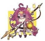  1225ka 1girl :o antenna_hair bangs boots border braid brown_footwear bug butterfly chibi dorothy_(sinoalice) full_body glasses gloves hair_between_eyes hair_ornament highres holding holding_lantern holding_polearm holding_spear holding_weapon insect lantern long_hair looking_at_viewer open_mouth polearm purple_eyes purple_hair purple_legwear purple_shorts shirt shorts single_thighhigh sinoalice sleeveless sleeveless_shirt solo spear thighhighs twin_braids weapon white_background white_gloves white_shirt yellow_background 