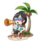  1boy absurdres black_hair black_shorts blue_hoodie crazy_raccoon highres holding holding_megaphone hood hoodie male_focus megaphone multicolored_hair nemoto_yuuma open_mouth palm_tree red_hair shorts sitting sleeveless sleeveless_hoodie solo streaked_hair sunglasses tree uruca_(vtuber) virtual_youtuber white_background 