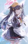  1girl black_hair blue_archive blush closed_eyes cloud commentary_request fuuka_(blue_archive) halo horns long_hair looking_at_viewer nuudoru open_mouth school_uniform sky solo splashing twintails water water_drop 