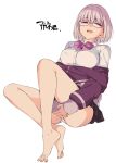  1girl bangs barefoot bow bowtie breasts eyebrows_visible_through_hair feet glasses gridman_universe hamao highres large_breasts legs long_sleeves open_mouth panties pink-framed_eyewear purple_neckwear school_uniform semi-rimless_eyewear shinjou_akane shirt short_hair simple_background solo ssss.gridman thighs toes under-rim_eyewear underwear white_background white_panties white_shirt 