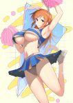  1girl animal_ears arm_up armpits black_panties blue_eyes blush breasts charlotte_e._yeager cheerleader eyebrows_visible_through_hair grin highres large_breasts long_hair looking_at_viewer midriff miniskirt navel orange_hair panties parted_lips pom_pom_(cheerleading) rabbit_ears shiny shiny_hair shiny_skin skirt smile solo strike_witches underboob underwear varie7k world_witches_series 