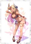  1girl bangs bare_shoulders belt bikini blush breasts cleavage collarbone dark-skinned_female dark_skin draph flower full_body granblue_fantasy hair_flower hair_ornament highres horns kuvira_(granblue_fantasy) large_breasts long_hair looking_at_viewer navel open_mouth pilokey platform_footwear pointy_ears red_bikini smile solo swimsuit 