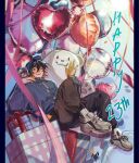  2boys animification balloon beanie bishounen black_hair blue_hat blue_jacket chibi commentary creator_and_creation cucurucho english_commentary english_text gift happy_birthday hat highres jacket looking_at_viewer male_focus minecraft_youtube mini_person miniboy multiple_boys ok_anzu one_eye_closed quackity quackity_smp real_life shoes short_hair signature sitting sneakers solo_focus 