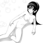  1girl black_hair blush breasts bubble closed_mouth collarbone completely_nude gentoo_penguin_(kemono_friends) greyscale hand_on_hip headphones kemono_friends large_breasts looking_at_viewer lying monochrome multicolored_hair navel nipples nude on_side penguin_girl pussy solo watayoshi_(suiiho) 