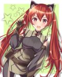  1girl animal_ears bangs belt blush breasts brown_belt brown_gloves cat_ears claw_pose commentary_request detached_sleeves fingerless_gloves fire_emblem fire_emblem_awakening gloves hair_between_eyes hair_ornament highres kakiko210 kemonomimi_mode long_hair looking_at_viewer medium_breasts open_mouth red_hair severa_(fire_emblem) solo star_(symbol) twintails 