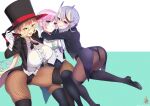  3girls akaya_shiki amulet aqua_hair ass blonde_hair blush braid fang fishnet_legwear fishnets gloves gradient_hair hair_ribbon hat highres horns hug multicolored_hair multiple_girls nijisanji nui_sociere oni_horns pink_hair pointy_ears ponytail purple_hair red_eyes ribbon rindou_mikoto short_hair skin_fang skindentation thighhighs top_hat vest yuuhi_riri 