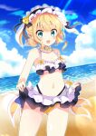  1girl :d alternate_hairstyle aqua_eyes bangs bare_shoulders beach bikini bikini_skirt blonde_hair blue_sky breasts cleavage cloud collarbone commentary cowboy_shot day double_bun frilled_hairband frills gochuumon_wa_usagi_desu_ka? hair_bun hair_up hairband highres kirima_sharo looking_at_viewer massala navel open_mouth outdoors skirt_hold sky small_breasts smile solo swimsuit 