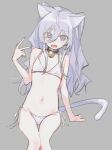  1girl animal_ear_fluff animal_ears arm_up bell bikini breasts cat_ears cat_girl cat_tail collar grey_background grey_eyes grey_hair groin jingle_bell kurobeko_(kur0bek0) long_hair looking_at_viewer navel neck_bell open_mouth original side-tie_bikini_bottom simple_background sitting small_breasts smile solo stomach swimsuit tail thigh_gap thighs twintails v white_bikini 