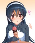  1boy 1girl bangs bar_censor black_hair blush breasts brown_eyes censored cum cum_string erection eyebrows_visible_through_hair gentoo_penguin_(kemono_friends) gloves handjob headphones heart hetero hood hoodie kemono_friends large_breasts long_hair looking_at_viewer multicolored_hair open_mouth penguin_girl penis pov precum solo_focus translation_request watayoshi_(suiiho) 