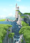  absurdres castle chagen_kokimu cliff cloud dated day grass highres no_humans original outdoors scenery shore signature sky tree water waterfall 