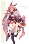  2girls :d absurdres animal_ears bangs bare_shoulders bell black_footwear blue_eyes boots bracelet closed_mouth covering_mouth fang flip-flops fox_ears fox_mask fox_tail full_body hair_between_eyes hair_ornament hair_ribbon hand_on_another&#039;s_head highres honkai_(series) honkai_impact_3rd japanese_clothes jewelry long_hair looking_at_another mask multiple_girls muttsuri_xiaomen open_mouth pink_hair pink_skirt purple_eyes ribbon sandals side_ponytail skirt smile tail theresa_apocalypse theresa_apocalypse_(sakura_rondo) thighhighs white_hair white_legwear yae_sakura yae_sakura_(gyakushinn_miko) 