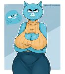 2024 age_difference angry anthro arm_under_breasts artist_name bare_shoulders belt big_breasts biped black_claws black_eyebrows black_eyes black_markings blue_body blue_bottomwear blue_breasts blue_clothing blue_ears blue_fur blue_skirt border bottomwear breast_envy breasts brown_belt cartoon_network claws cleavage cleavage_cutout closed_frown clothed clothed_anthro clothed_female clothing crossed_arms cutout daughter_(lore) digital_drawing_(artwork) digital_media_(artwork) disastrouspanda domestic_cat duo ears_down elderly elderly_anthro elderly_female envy eyebrows eyelashes felid feline felis female finger_claws fingers front_view frown fully_clothed fully_clothed_anthro fully_clothed_female fur geometric_background glistening glistening_breasts glistening_eyes glistening_nose glistening_shoulders hi_res huge_breasts iris light_body light_fur looking_at_another looking_at_viewer mammal markings mary_senicourt mature_anthro mature_female monotone_body monotone_fur mother_(lore) mother_and_child_(lore) mother_and_daughter_(lore) mouth_closed narrowed_eyes navel nicole_watterson no_pupils older_female outline parent_(lore) parent_and_child_(lore) parent_and_daughter_(lore) pattern_clothing pattern_sweater pattern_topwear pink_nose pivoted_ears pointy_ears portrait prick_ears resting_bitch_face round_head simple_background skirt striped_clothing striped_sweater striped_topwear stripes sweater the_amazing_world_of_gumball thick_thighs three-quarter_portrait topwear turtleneck whisker_markings white_border white_outline yellow_clothing yellow_sweater yellow_topwear younger_female