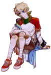  1boy adapted_costume animification bandages blonde_hair blue_eyes calasile dream_smp green_neckerchief highres l'manberg_flag looking_at_viewer male_focus minecraft_youtube neckerchief raglan_sleeves red_footwear red_sleeves ringed_eyes shirt shoes short_hair short_sleeves shorts simple_background sitting sneakers solo t-shirt tommyinnit white_background white_shirt 