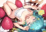  1girl ahoge animal_ear_fluff animal_ears aqua_hair bangs bare_legs bare_shoulders blue_hair blush breasts cat_ears chocolate collarbone eyebrows_visible_through_hair food fruit gradient_hair hair_ornament hairclip highres in_food lanmewko legs_together long_hair looking_at_viewer lying multicolored_hair on_back on_food open_mouth original panties panty_pull prehensile_hair purple_eyes skindentation small_breasts solo star_(symbol) star_hair_ornament strap_slip strawberry underwear underwear_only v waymay white_panties 