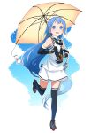  1girl bangs black_legwear black_neckwear black_sailor_collar blue_background blue_eyes blue_hair chagen_kokimu closed_umbrella commentary_request elbow_gloves full_body gloves gradient_hair highres holding holding_umbrella kantai_collection long_hair multicolored_hair neckerchief running sailor_collar samidare_(kancolle) school_uniform serafuku shirt sleeveless sleeveless_shirt solo swept_bangs teruterubouzu thighhighs umbrella very_long_hair white_background white_umbrella yellow_umbrella 