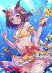  1girl animal_ears belly bikini blush breasts brown_hair bubble clownfish commentary_request fish highres homaderi horse_ears horse_girl jewelry leg_garter looking_at_viewer multicolored_hair navel necklace official_alternate_costume short_hair small_breasts solo special_week_(umamusume) submerged swimsuit thighs two-tone_hair umamusume underwater white_hair 