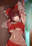  1girl :d armpits berrycreate blush bow breasts brown_eyes brown_hair commentary_request detached_sleeves doorway hair_bow hakurei_reimu head_tilt highres huge_bow indoors looking_at_viewer navel no_bra open_mouth panties red_bow red_shirt red_skirt ribbon-trimmed_sleeves ribbon_trim shirt side-tie_panties skirt smile solo touhou tree underboob underwear white_panties white_sleeves 