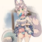  1girl animal_ears electric_fan food fukunomiya_koko green_eyes hot kuromiya lifted_by_self mouth_hold original panties popsicle short_hair solo striped striped_panties sweat tail thighhighs thighs underwear white_hair white_legwear 