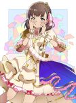  1girl blue_eyes blue_overskirt blush border bow bracelet breasts brown_hair closed_mouth cowboy_shot cross_tie dot_nose dress dress_bow epaulettes frilled_skirt frills furrowed_brow gold_trim hair_bow hair_ribbon hands_on_own_face hands_up heart heart_in_eye highres idolmaster idolmaster_cinderella_girls idolmaster_cinderella_girls_starlight_stage jewelry layered_dress long_sleeves looking_at_viewer medium_breasts multicolored_background nanananananasea outside_border pearl_bracelet pink_ribbon red_bow ribbon sakuma_mayu scrunchie short_hair shy single_epaulette skirt smile solo standing symbol_in_eye tiara white_border white_dress white_scrunchie wrist_scrunchie 