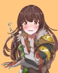  1girl animification apex_legends bangs bloodhound_(apex_legends) blush brown_jacket elbow_pads eyebrows_visible_through_hair fang fur_trim genderswap genderswap_(otf) gloves highres jacket kiriku_(kiriku_vtuber) long_hair open_hand open_mouth orange_background red_gloves solo tearing_up 