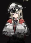  1girl absurdres akasaka4005 black_background black_gloves blonde_hair breasts capelet gloves graf_zeppelin_(kancolle) hair_between_eyes hat highres iron_cross kantai_collection large_breasts long_sleeves military military_uniform necktie peaked_cap purple_eyes sidelocks solo twintails uniform upper_body 