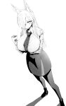  1girl :| absurdres animal_ear_fluff animal_ears ankle_boots arm_under_breasts asymmetrical_bangs blue_archive boots breasts closed_mouth coffee_mug collared_shirt cup dog_ears dog_girl dress_shirt extra_ears formal_clothes from_above full_body greyscale hair_over_one_eye hand_up high_heel_boots high_heels highres holding holding_cup huge_breasts kanna_(blue_archive) long_bangs long_hair long_sleeves looking_at_viewer looking_up miniskirt monochrome mug necktie no_halo notched_ear office_lady one_eye_covered pantyhose paw_print pencil_skirt print_mug shadow shirt shirt_tucked_in side_slit sidelocks simple_background skirt solo standing straight_hair tehau_(sup_calon) tie_clip upturned_eyes 