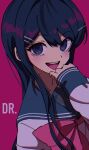  1girl :d bangs blue_eyes blue_sailor_collar blush bow commentary_request copyright_name danganronpa:_trigger_happy_havoc danganronpa_(series) eyebrows_visible_through_hair grey_shirt hair_between_eyes hair_ornament hairclip hand_to_own_mouth hand_up highres long_hair long_sleeves looking_at_viewer maizono_sayaka nzeneee open_mouth pink_background pink_bow sailor_collar school_uniform serafuku shirt simple_background smile solo upper_body upper_teeth 