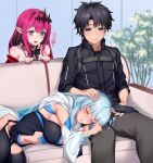  1boy 2girls artist_name bangs black_dress black_hair black_shirt blue_eyes blush breasts closed_eyes clothing_cutout command_spell couch dress eyebrows_visible_through_hair fairy_knight_tristan_(fate) fate/grand_order fate_(series) fujimaru_ritsuka_(male) grey_eyes hair_ornament hand_on_another&#039;s_head highres hirasawa_seiji large_breasts long_hair looking_at_another lying_on_person morgan_le_fay_(fate) multiple_girls navel on_couch pink_hair plant pointy_ears red_dress shirt short_hair sideboob signature silver_hair stomach stomach_cutout translation_request twitter_username 
