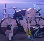  1girl animal_ear_fluff animal_ears bangs bent_over bicycle black_bag black_shirt black_shorts blue_archive cat commentary_request cutout_gloves cycling_uniform full_body gloves grey_hair ground_vehicle hair_ornament halo highres long_hair looking_at_animal morning ocean outdoors road shiroko_(blue_archive) shirt shorts sidelocks solo stretch t-shirt x_hair_ornament yellow_gloves ytmkz 