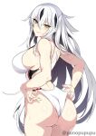  1girl adjusting_clothes adjusting_swimsuit ass back bare_shoulders black_hair blush breasts eyebrows_visible_through_hair fate/grand_order fate_(series) green_eyes hair_between_eyes highleg highleg_swimsuit highres long_hair looking_at_viewer looking_back medium_breasts multicolored_hair nagao_kagetora_(fate) one-piece_swimsuit sideboob sidelocks smile solo swimsuit thighs two-tone_hair very_long_hair wet white_hair white_swimsuit zeroshiki_kouichi 