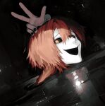  1boy absurdres braid english_commentary highres homicipher long_hair male_focus mr._chopped night orange_eyes orange_hair outdoors puddle rain severed_head severed_limb solo v yonq98 