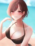  1girl absurdres amyu_(amm_asl_pa) bangs beach bikini black_bikini blue_sky blurry blurry_background blush breasts brown_hair cleavage cloud cloudy_sky collarbone commentary day eyebrows_visible_through_hair hair_between_eyes hair_ornament hairclip halterneck highres higuchi_madoka idolmaster idolmaster_shiny_colors large_breasts lips looking_at_viewer mole mole_under_eye ocean outdoors parted_bangs parted_lips red_eyes short_hair sky smile solo sweat swimsuit upper_body 