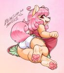 anthro blasticussaturn bottomwear butt clothed clothing clothing_lift dress female frilly frilly_clothing fur hair hi_res looking_at_viewer looking_back panties pawpads paws pink_hair red_eyes signature simple_background skirt skirt_lift smile solo underwear upskirt yellow_body yellow_fur